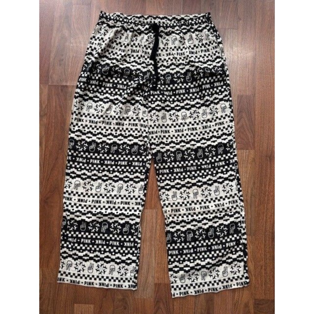 Victorias Secret Pink Womens Pajama Pants XL Black White‎ Peace Sign Fingers